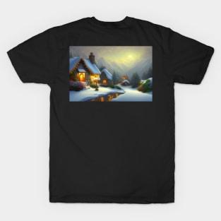 Magical Fantasy House with Lights in a Snowy Scene, Fantasy Cottagecore artwork T-Shirt